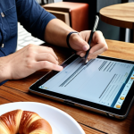 ** A digital nomad working at a stylish café in Istanbul. They are using a tablet with a digital pen to take notes, and their laptop is open, displaying Notion. The scene includes a Turkish coffee and a simit on the table. The overall mood is productive and modern.

**