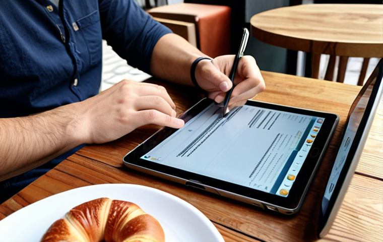 ** A digital nomad working at a stylish café in Istanbul. They are using a tablet with a digital pen to take notes, and their laptop is open, displaying Notion. The scene includes a Turkish coffee and a simit on the table. The overall mood is productive and modern.

**