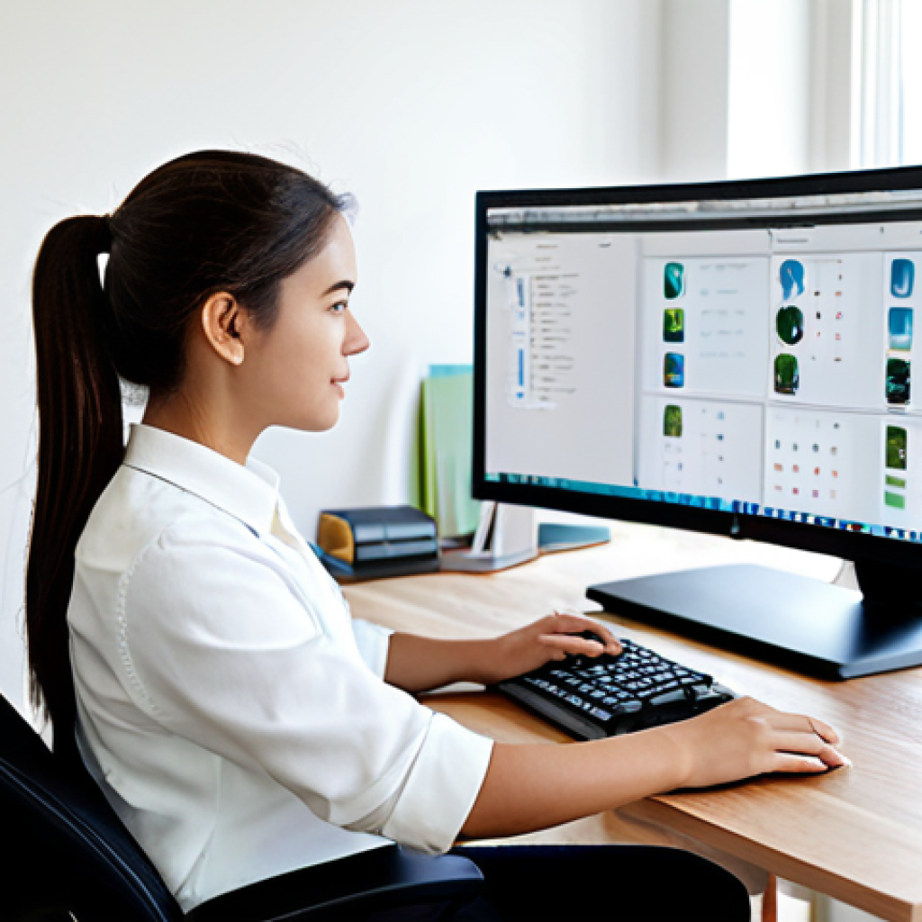 A young adult female student in modest, comfortable professional attire, sitting comfortably at an ergonomic adjustable desk in a bright, modern home office with natural light. An ergonomic office chair, a computer with a large external monitor, and a neatly organized workspace are visible. The scene captures a moment of focused study, emphasizing physical comfort. Perfect anatomy, correct proportions, natural pose, well-formed hands, proper finger count, natural body proportions, professional photography, high quality, safe for work, appropriate content, fully clothed, modest, family-friendly.