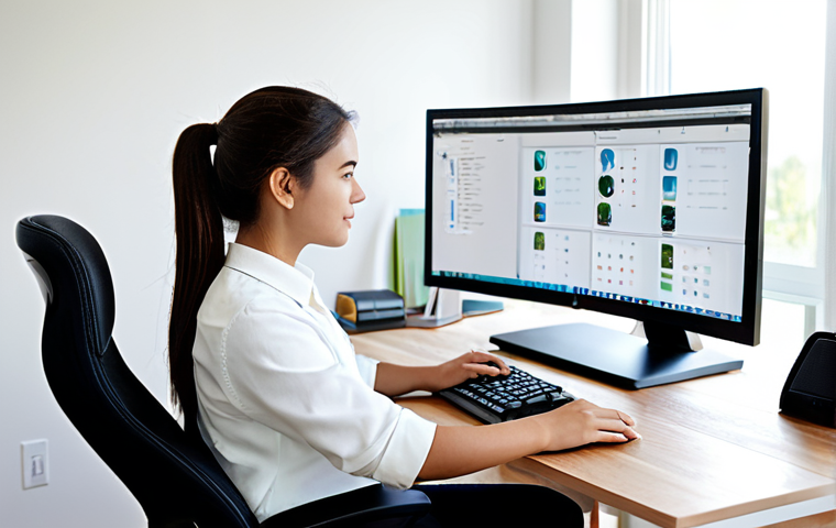 A young adult female student in modest, comfortable professional attire, sitting comfortably at an ergonomic adjustable desk in a bright, modern home office with natural light. An ergonomic office chair, a computer with a large external monitor, and a neatly organized workspace are visible. The scene captures a moment of focused study, emphasizing physical comfort. Perfect anatomy, correct proportions, natural pose, well-formed hands, proper finger count, natural body proportions, professional photography, high quality, safe for work, appropriate content, fully clothed, modest, family-friendly.